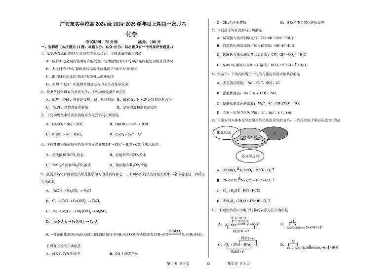 四川省广安市友实学校2024-2025学年高一上学期第一次月考  化学试题第1页
