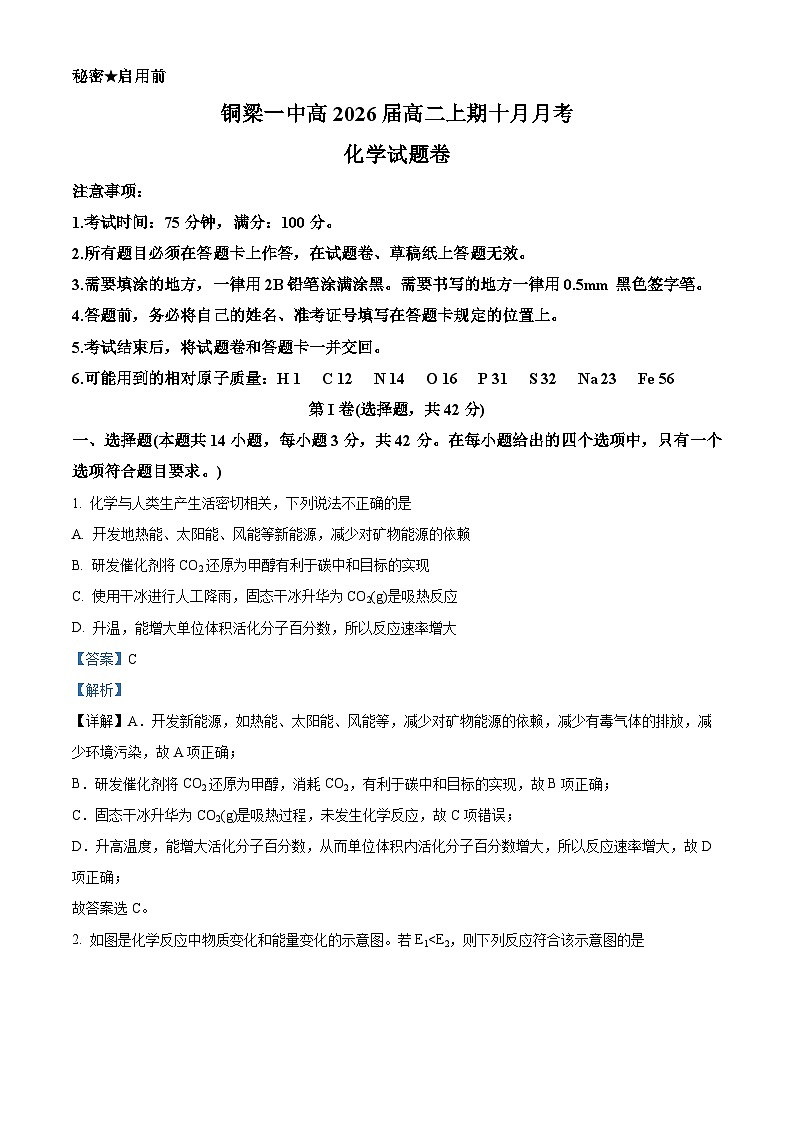 重庆市铜梁一中2024-2025学年高二上学期10月月考 化学试题 Word版含解析第1页