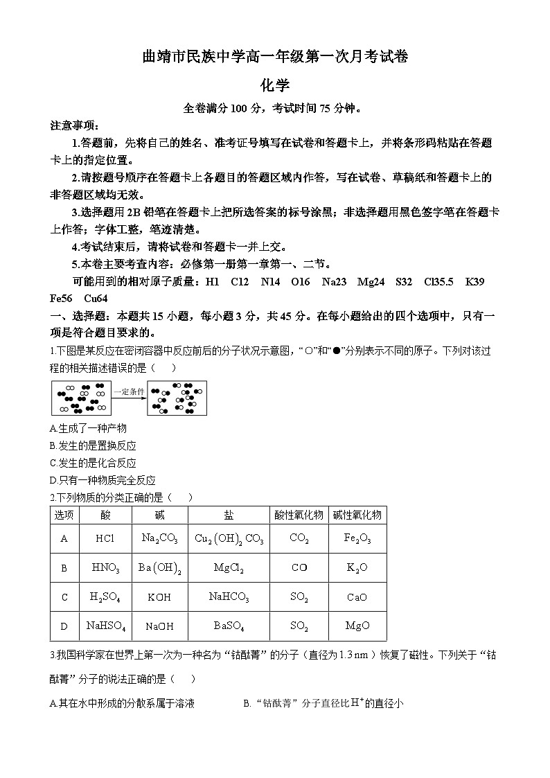 云南省曲靖民族中学2024-2025学年高一上学期第一次月考化学试题01