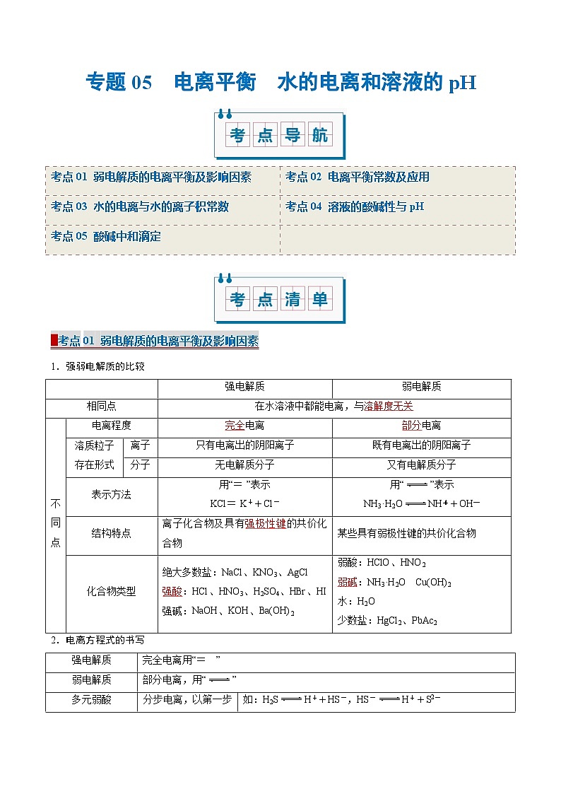 专题05 电离平衡 水的电离和溶液的pH（考点清单）（讲+练）-2024-2025学年高二化学上学期期中考点大串讲（人教版2019选择性必修1）第1页