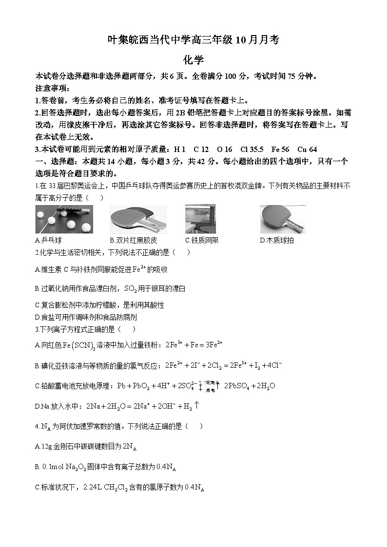 安徽省六安市叶集皖西当代中学2024-2025学年高三上学期10月月考 化学试题第1页
