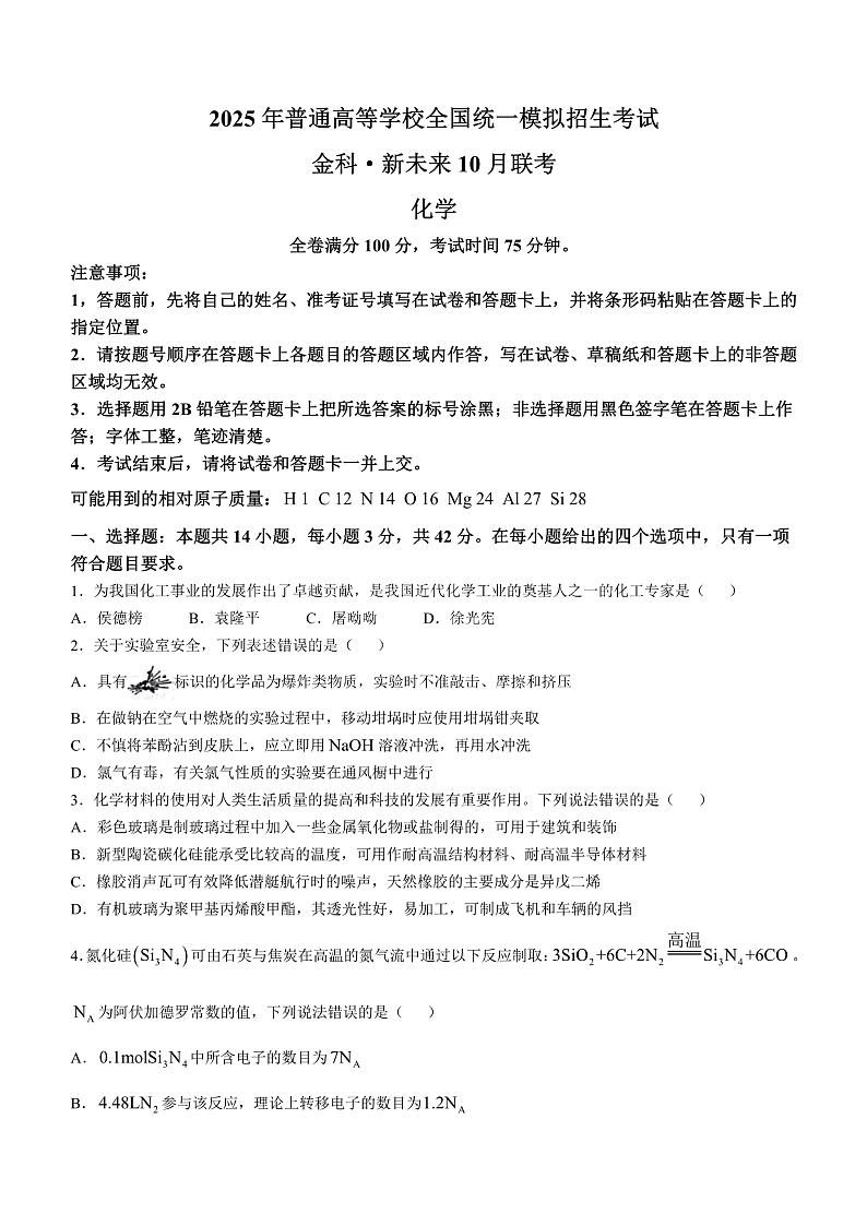 河南省金科新未来2024-2025学年高三上学期10月联考化学试卷+答案第1页