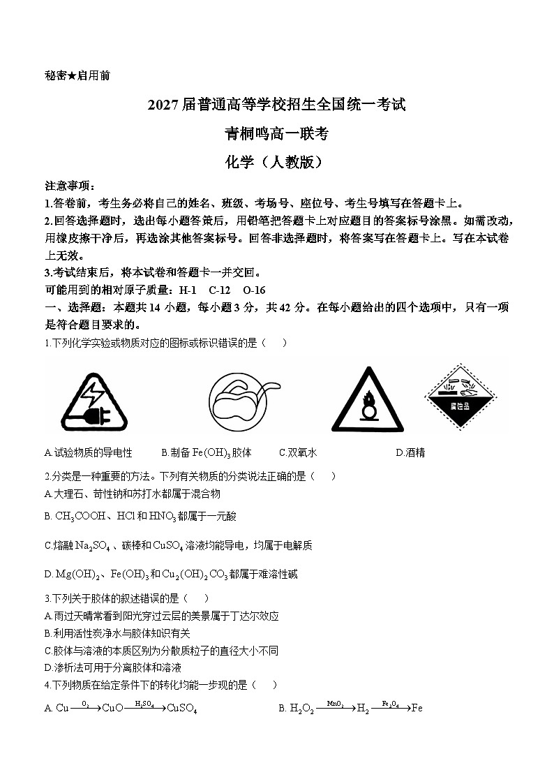 河南省部分学校2024-2025学年高一上学期10月青铜鸣联考 化学试题第1页