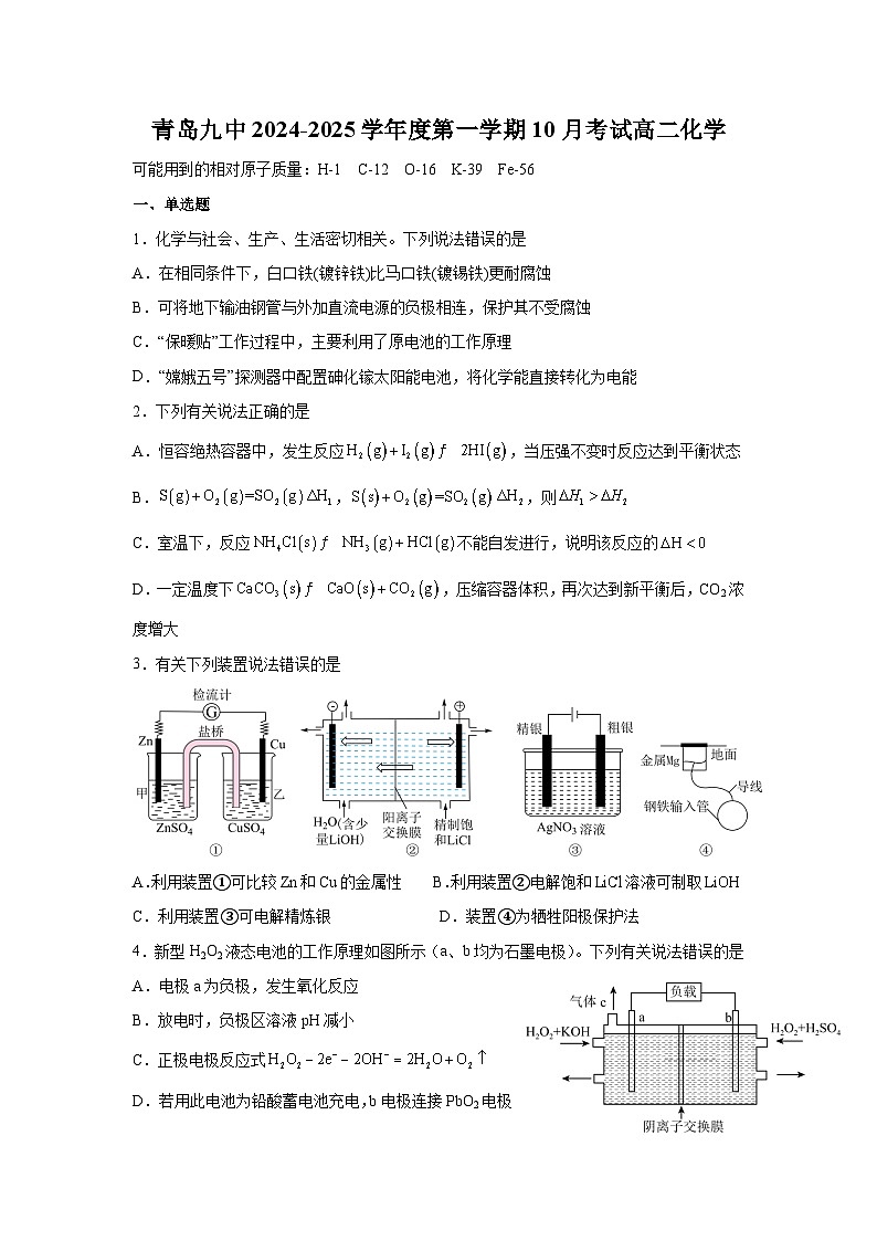 山东省青岛第九中学2024-2025学年高二上学期10月考试化学试题01