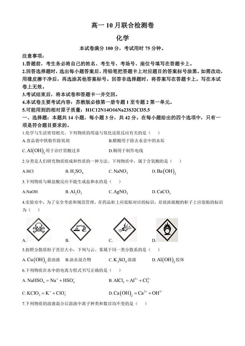 广西部分名校2024～2025学年高一上学期10月联合检测化学试题（A2）（含答案）01
