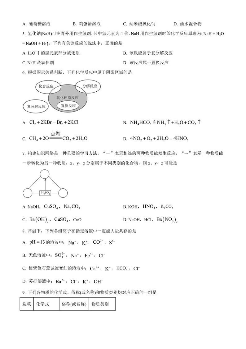 山西省大同市2024～2025学年高一上学期10月联考试题 化学（含答案）02