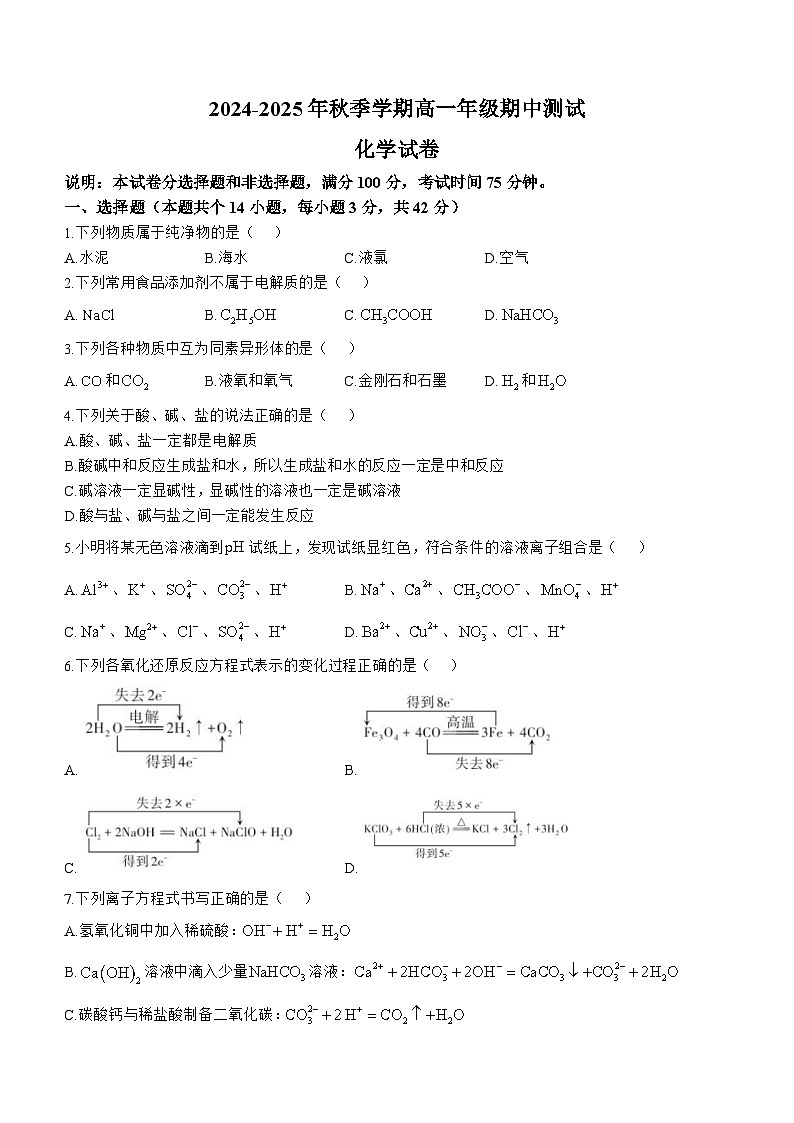 云南省文山壮族苗族自治州麻栗坡县2024-2025学年高一上学期10月期中考试 化学试题(无答案)第1页