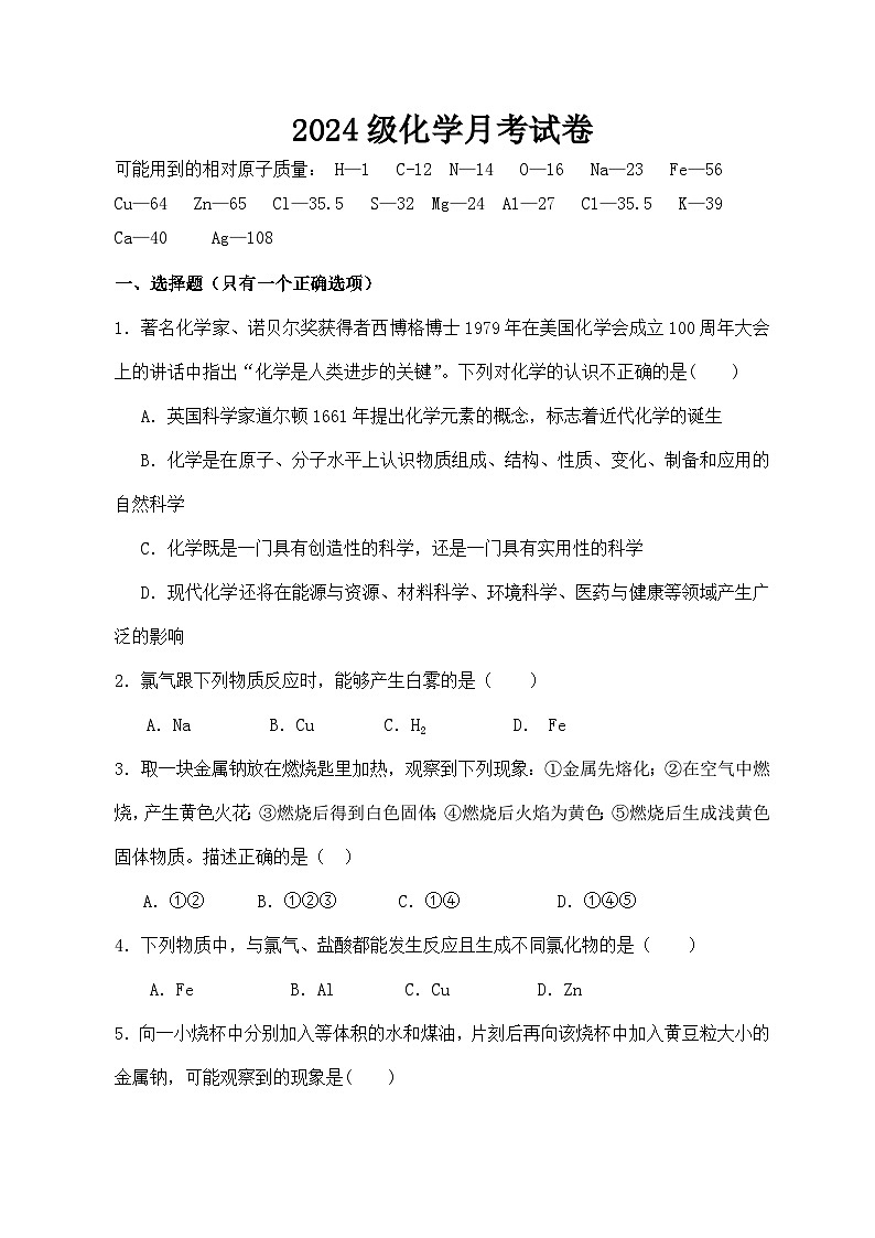 山东省青岛国开第二中学2024-2025学年高一上学期第一次月考化学试题01