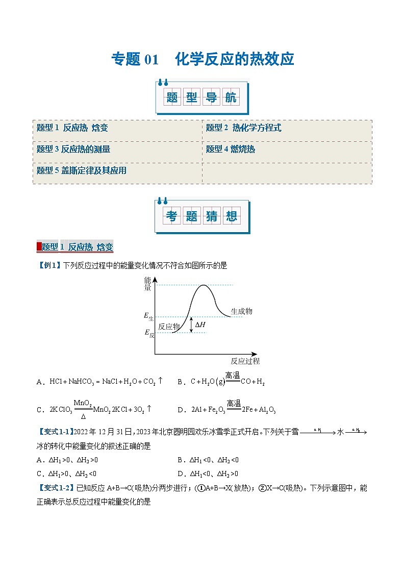 专题01 化学反应的热效应（考题猜想）（5大题型）（原卷版）-2024-2025学年高二化学上学期期中考点大串讲（苏教版2019选择性必修1）01
