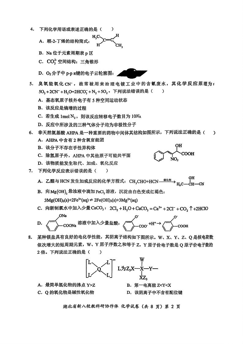2024年湖北省新八校协作体高三上学期10月联考 化学试题02