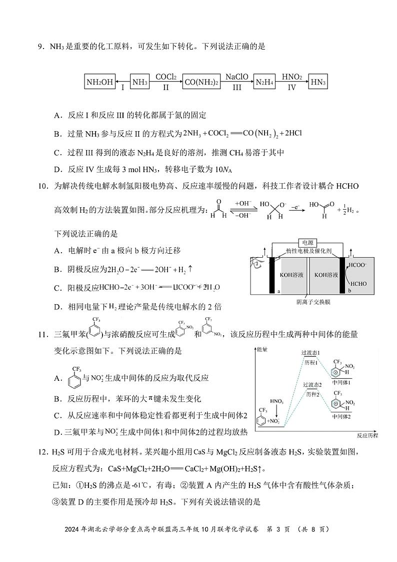 2024年湖北云学部分重点高中联盟高三年级10月联考化学试题第3页