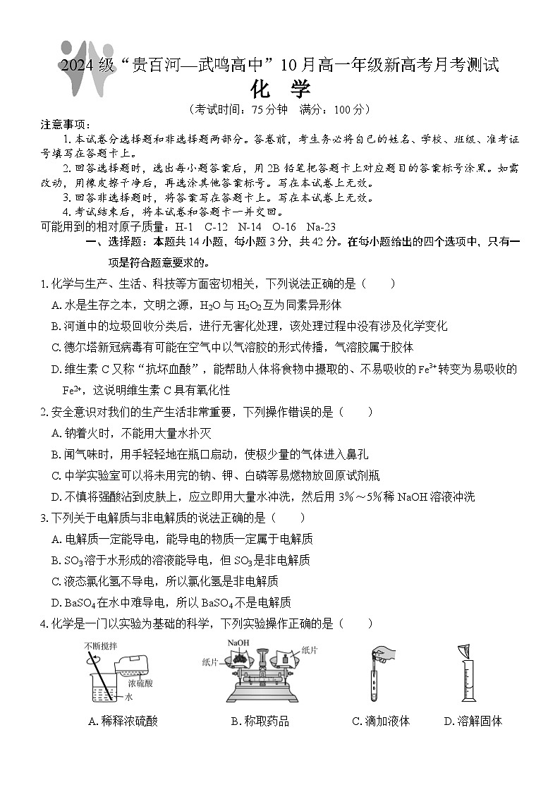 广西壮族自治区贵百河-武鸣高中2024-2025学年高一上学期10月月考化学试题（Word版附答案）第1页