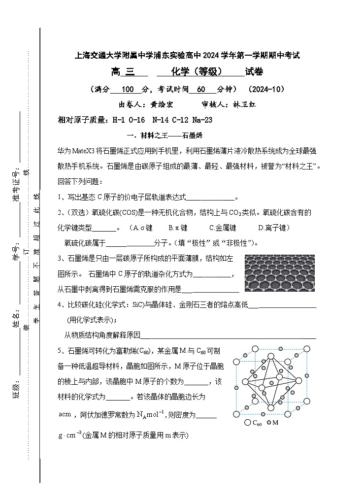 上海交通大学附属中学2024-2025学年高三上学期期中考试 化学试卷01
