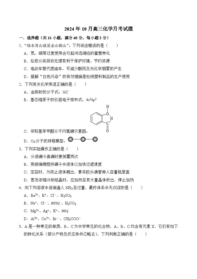 湖南省岳阳市岳阳县第一中学2024-2025学年高三上学期10月月考 化学试题第1页