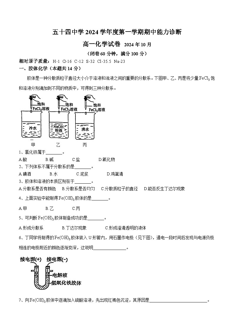 上海市五十四中学2024-2025学年高一上学期期中能力诊断化学试卷(无答案)第1页