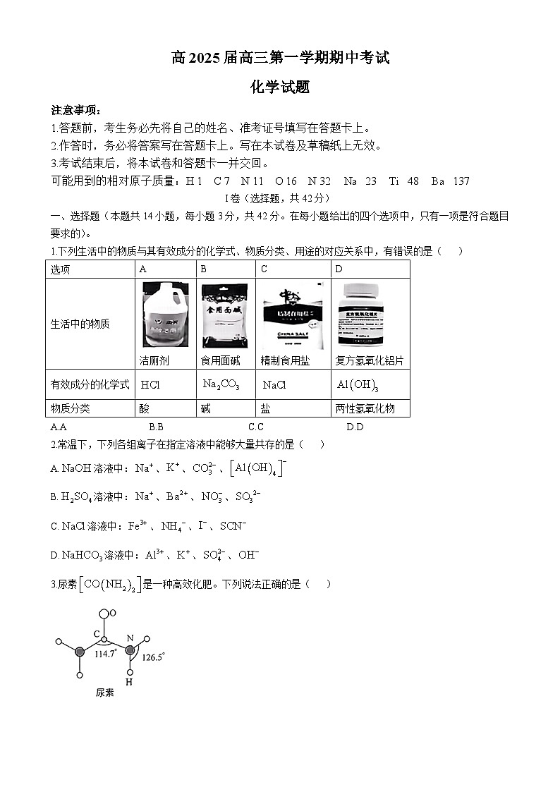 重庆市2024-2025学年高三上学期10月期中考试 化学试题(无答案)第1页