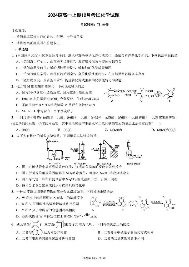四川省眉山市仁寿第一中学校南校区2024-2025学年高一上学期10月月考 化学试题01