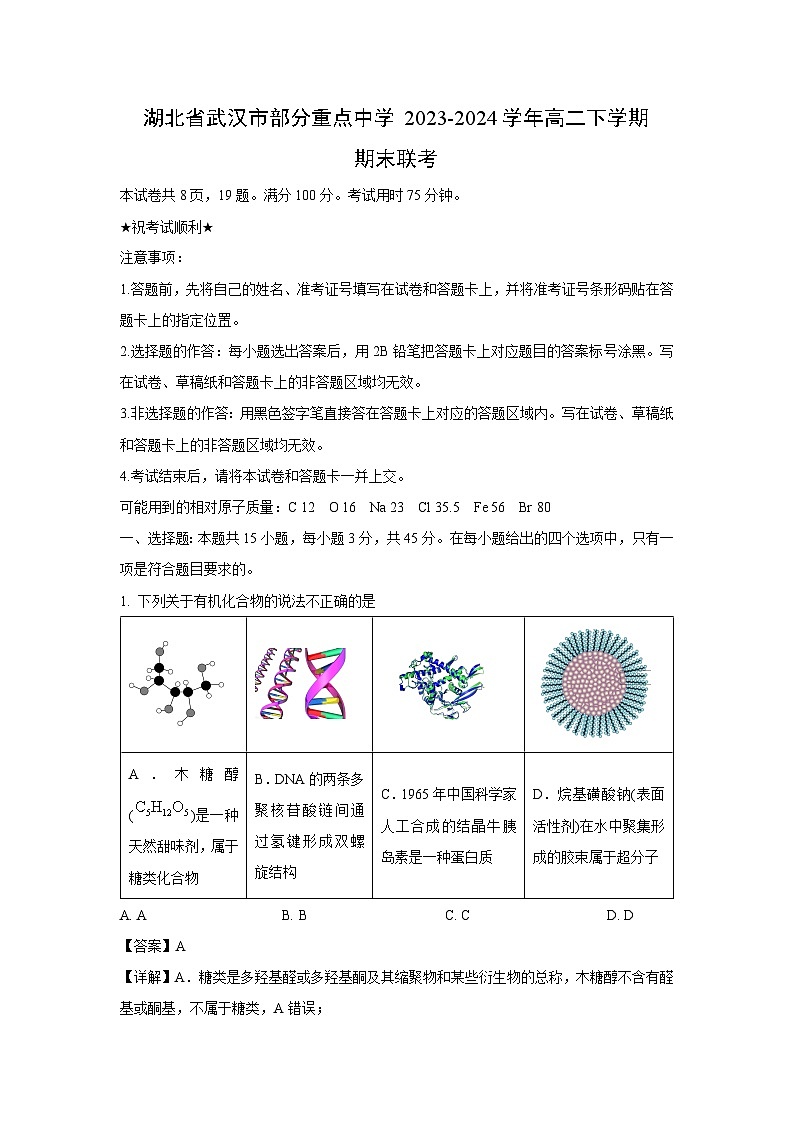 湖北省武汉市部分重点中学2023-2024学年高二下学期期末联考化学试卷(解析版)第1页