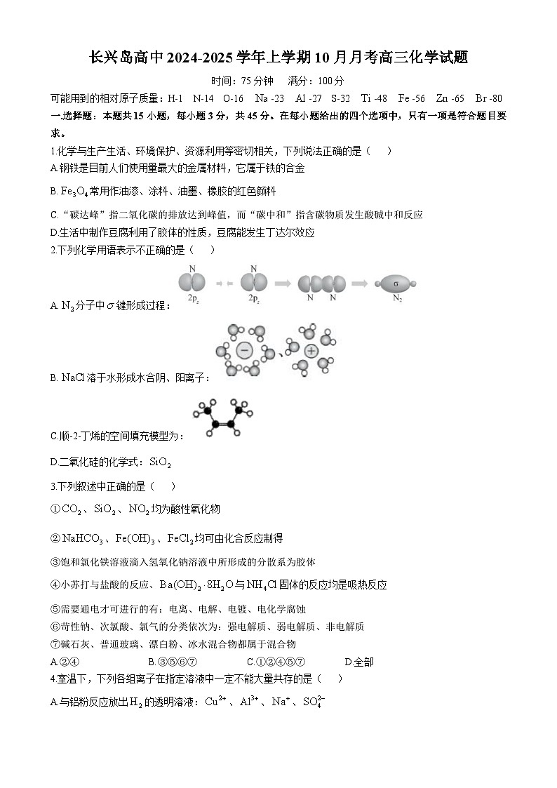 辽宁省大连长兴岛高级中学2024-2025学年高三上学期10月月考 化学试题第1页