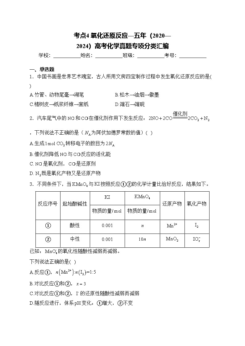 考点4 氧化还原反应—五年（2020—2024）高考化学真题专项分类汇编(含答案)第1页