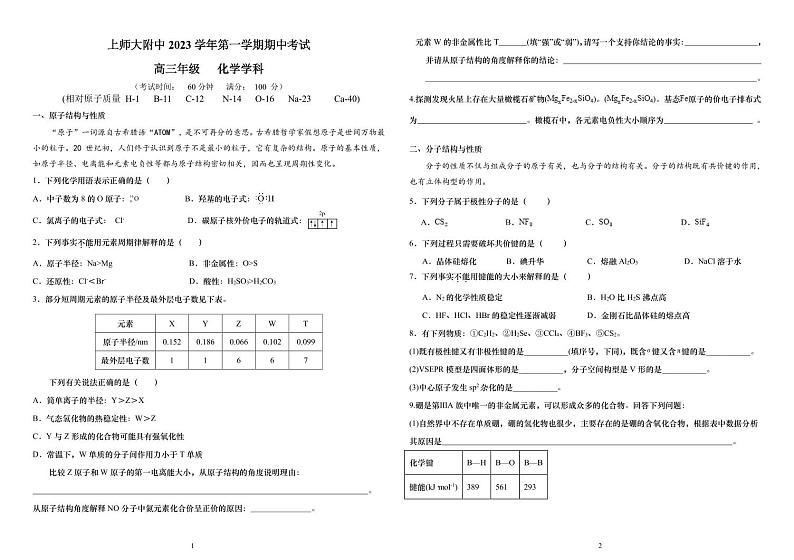 上海市上海师范大学附属中学2023-2024学年高三上学期期中考试 化学试题（PDF版，含答案）第1页