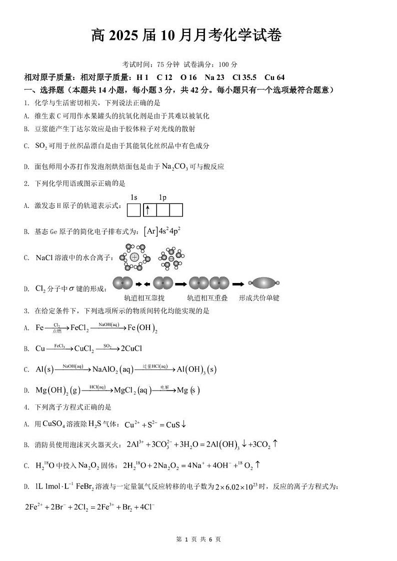 四川省内江市某校2024-2025学年高三上学期10月月考 化学试题第1页