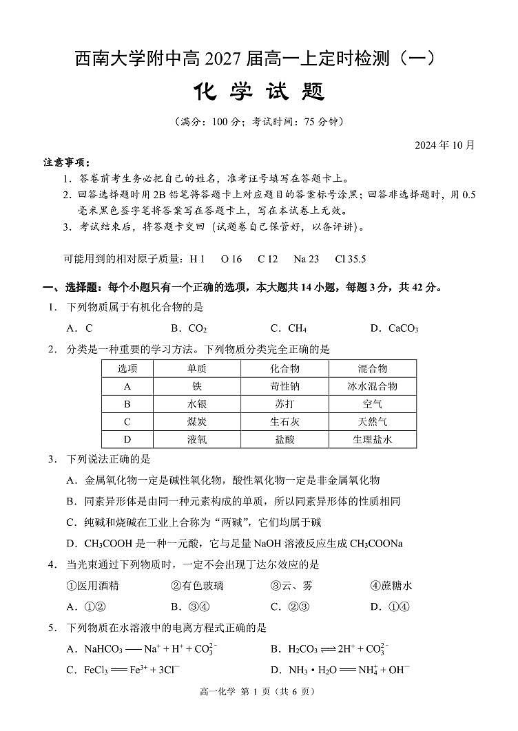 重庆西南大学附属中学2024年高一10月检测化学试题（含答案）01