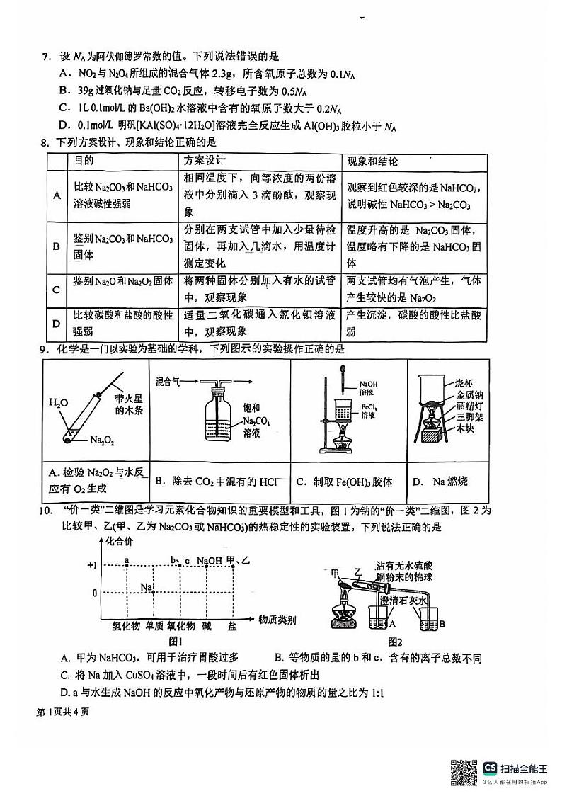 四川省成都市树德中学2024-2025学年高一上学期期中考试 化学试题第2页