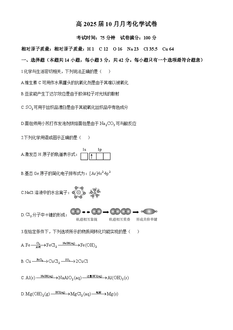 四川省内江市某校2024-2025学年高三上学期10月月考 化学试题（含答案）第1页