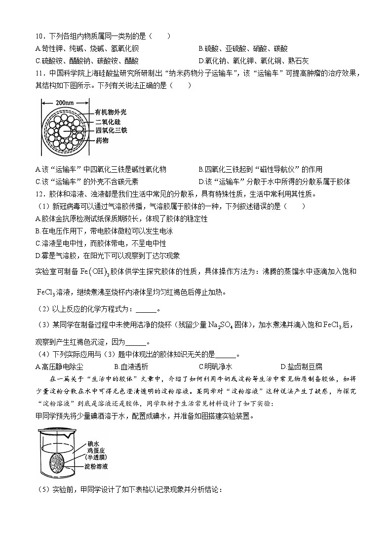 上海市七宝中学附属鑫都实验中学2024-2025学年高一上学期期中测试 化学试卷 (无答案)第2页