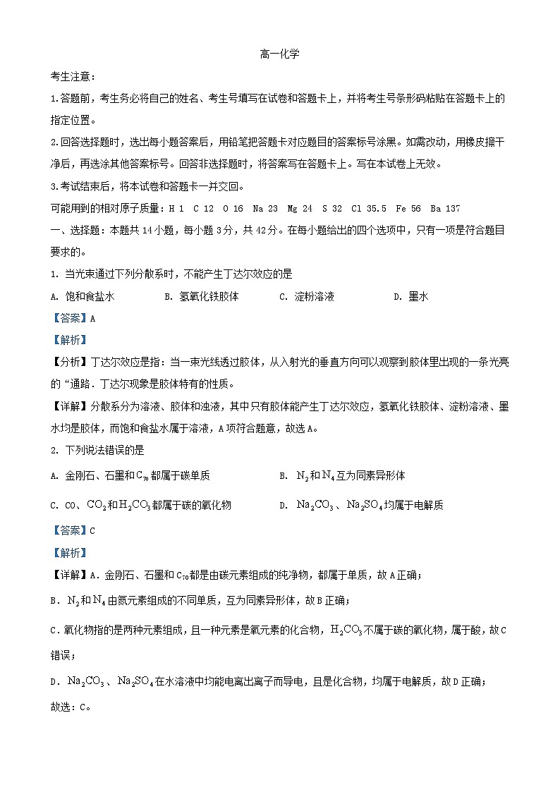 湖南省郴州市2023_2024学年高一化学上学期10月月考试题含解析第1页