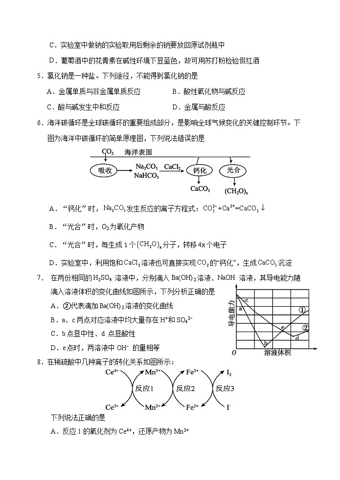 安徽省芜湖市第一中学2024-2025学年高一上学期中考试 化学试题02