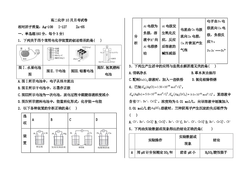 高二10月份化学试卷第1页