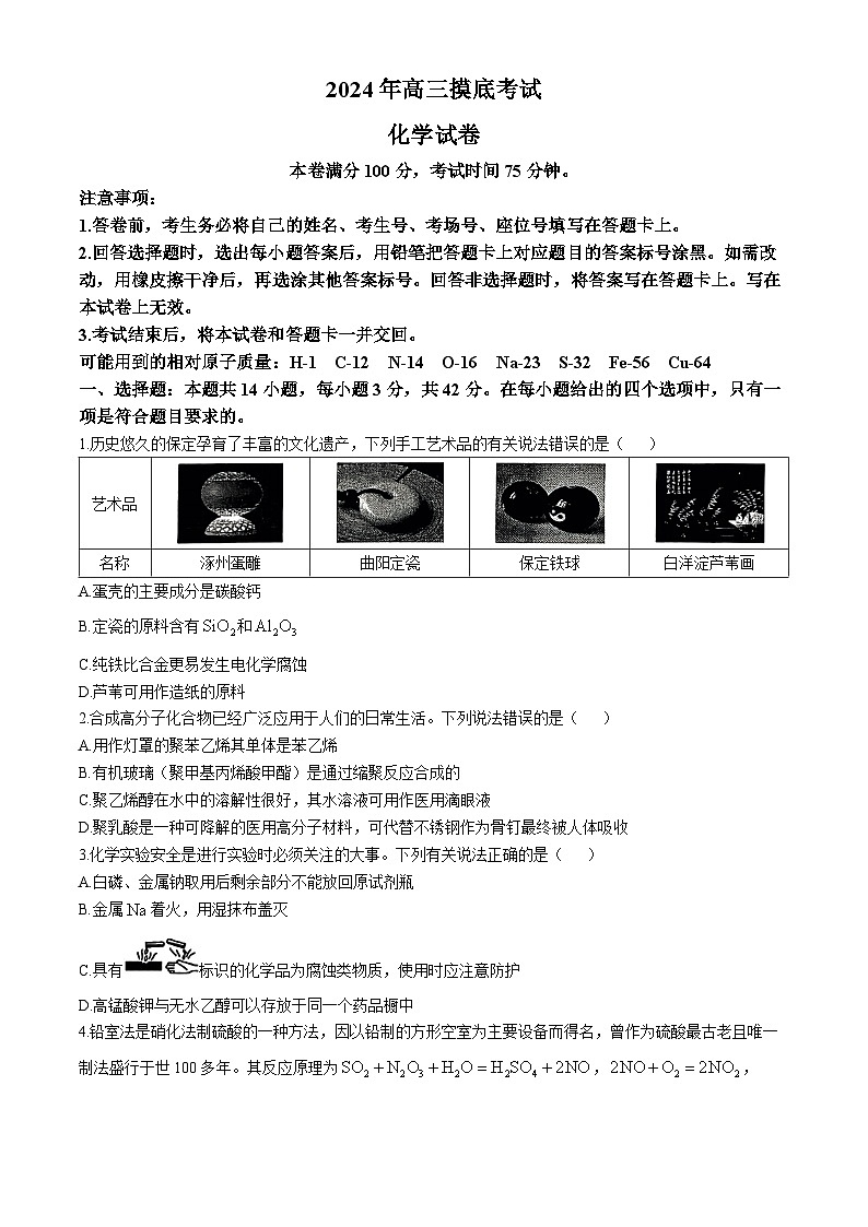 2025保定高三上学期10月期中摸底化学试题无答案第1页