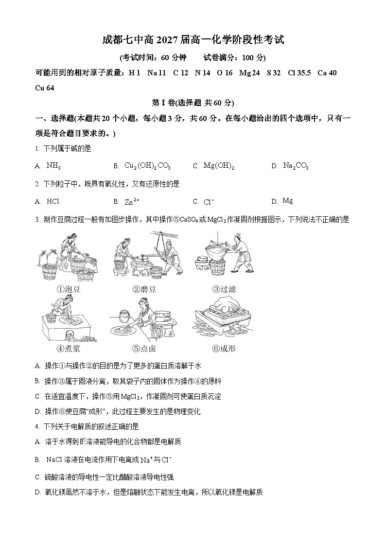 四川省成都市第七中学2024-2025学年高一上学期第一次月考化学试卷（Word版附解析）01