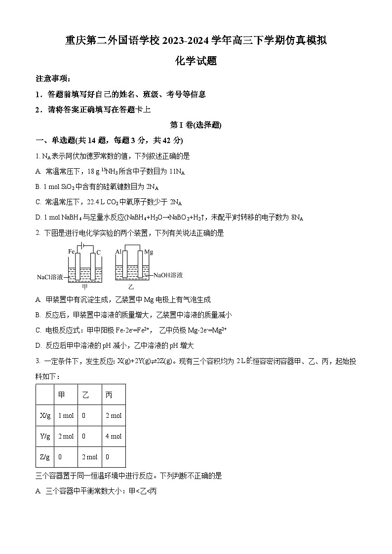 四川外语学院重庆第二外国语学校2023-2024学年高三下学期仿真模拟 化学试题 Word版无答案第1页