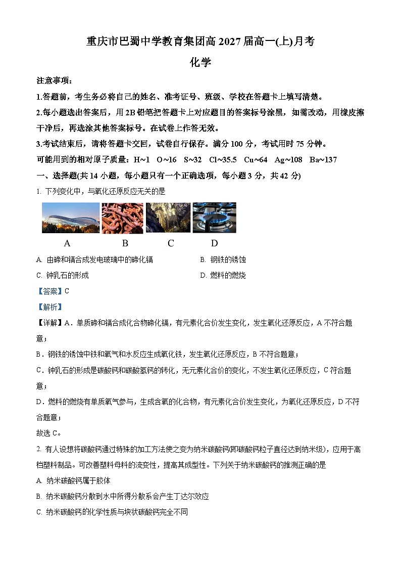 重庆市巴蜀中学校（本部）2024-2025学年高一上学期10月月考 化学试题 Word版含解析第1页
