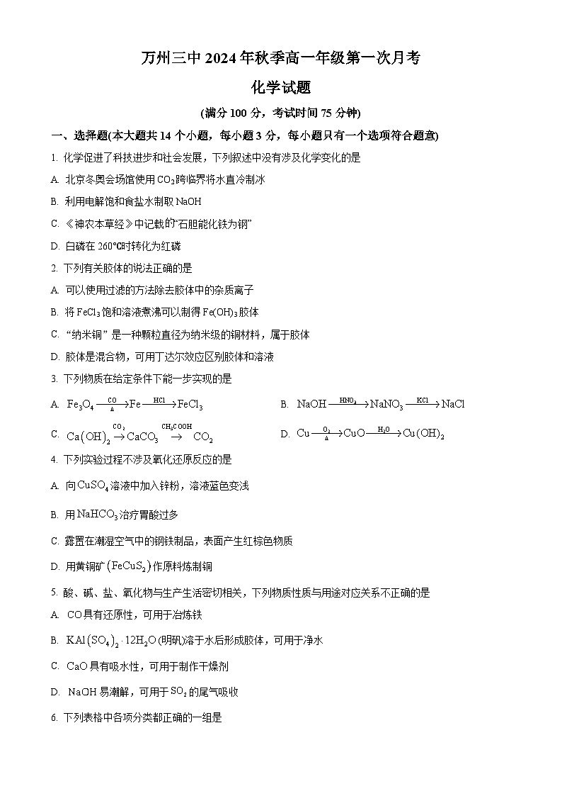 重庆市万州第三中学2024-2025学年高一上学期第一次月考  化学试题 Word版无答案第1页