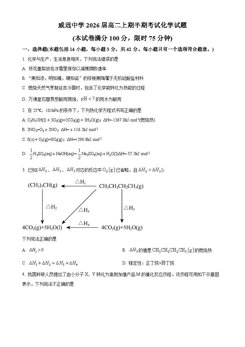 四川省内江市威远中学校2024-2025学年高二上学期期中考试 化学试题 Word版无答案第1页