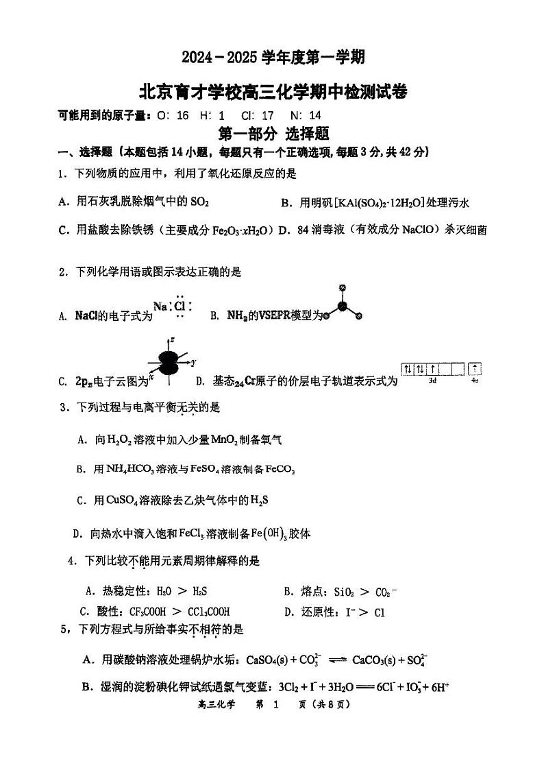 2024北京育才学校高三（上）期中化学试卷第1页