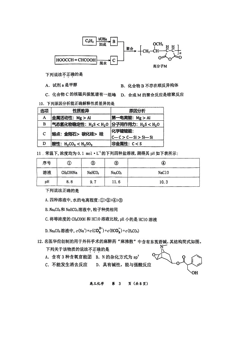 2024北京育才学校高三上学期期中化学试卷第3页