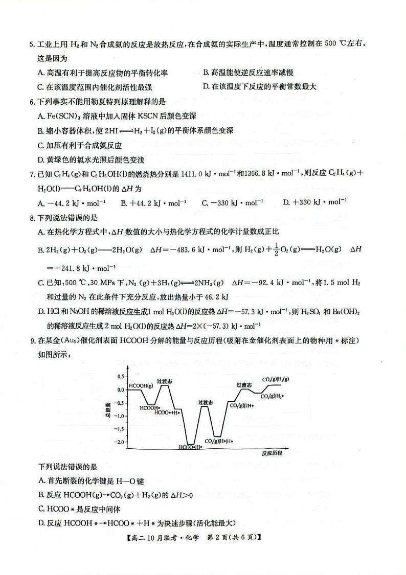 河南省洛阳强基联盟2024-2025学年高二上学期10月联考化学试卷（PDF版附解析）第2页