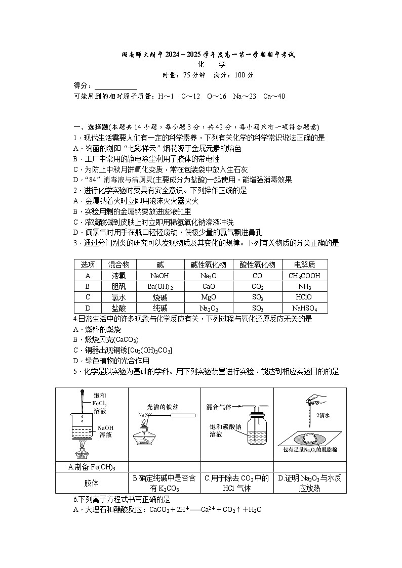 湖南师范大学附属中学2024-2025学年高一上学期期中考试 化学试卷第1页