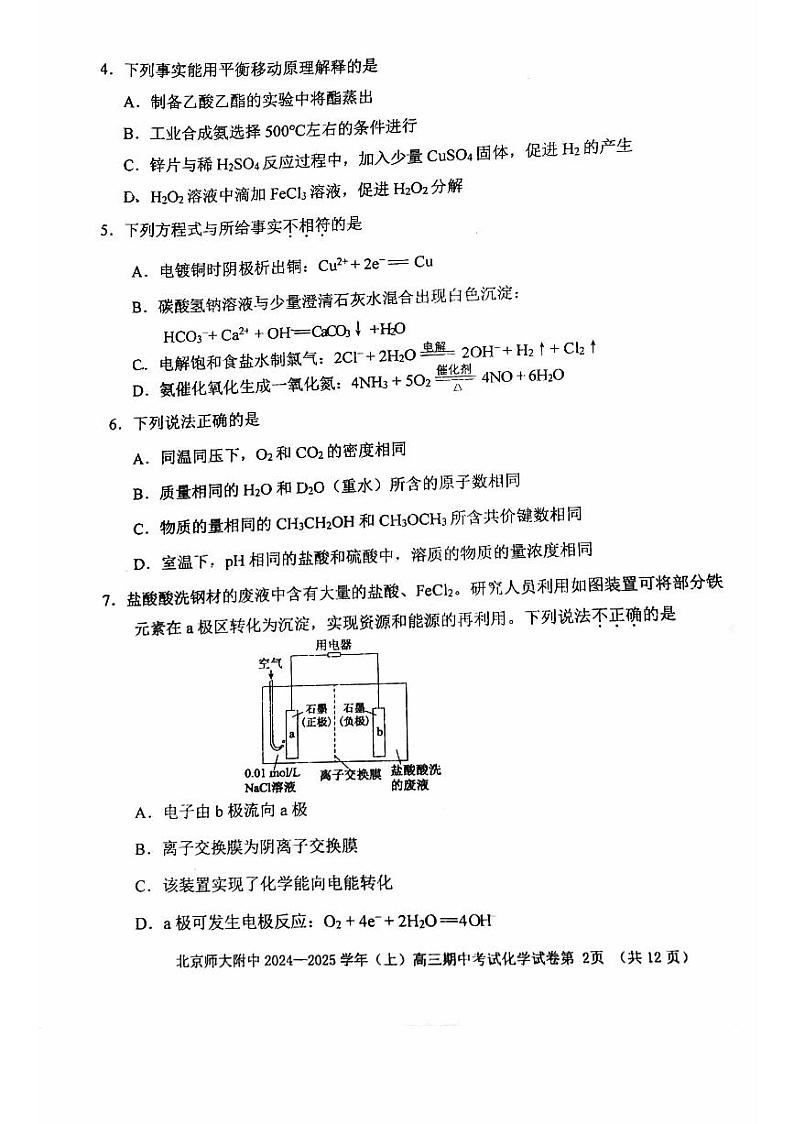 2024北京北师大附中高三上学期期中真题化学试卷第2页