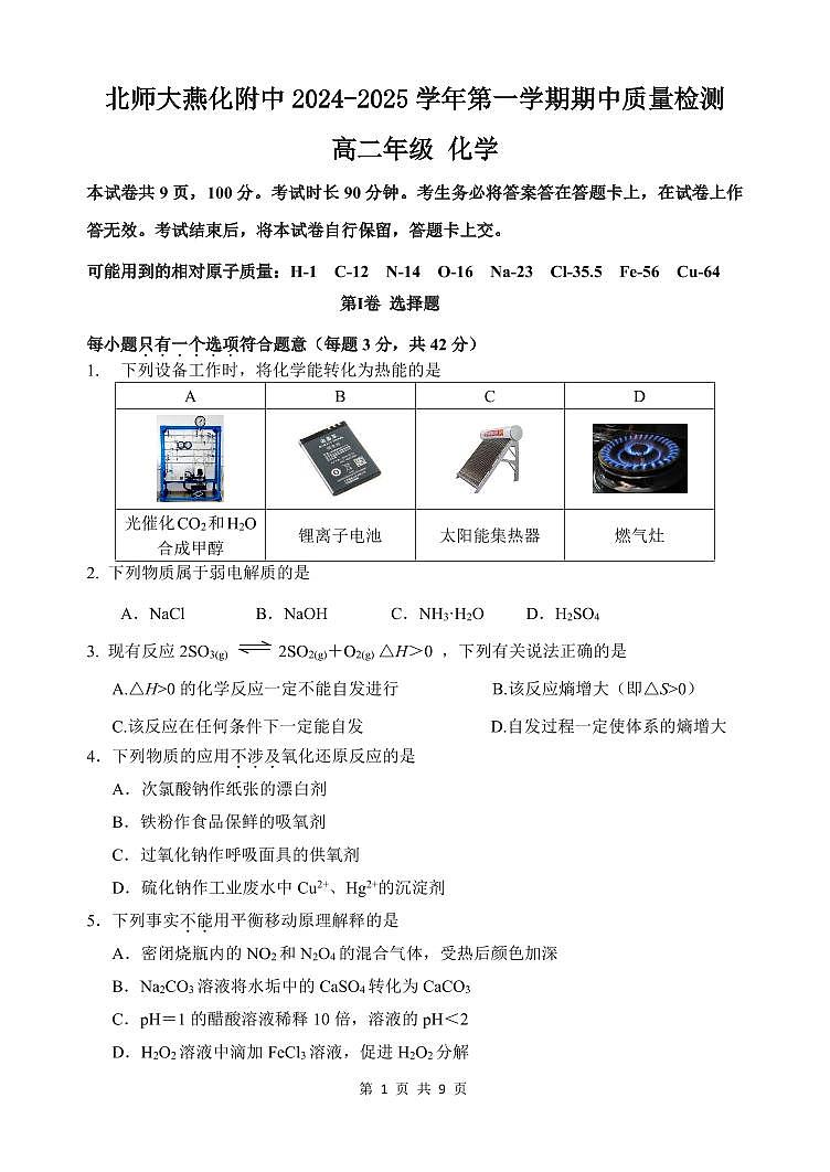 2024北京北师大燕化附中高二上学期期中真题化学试卷第1页