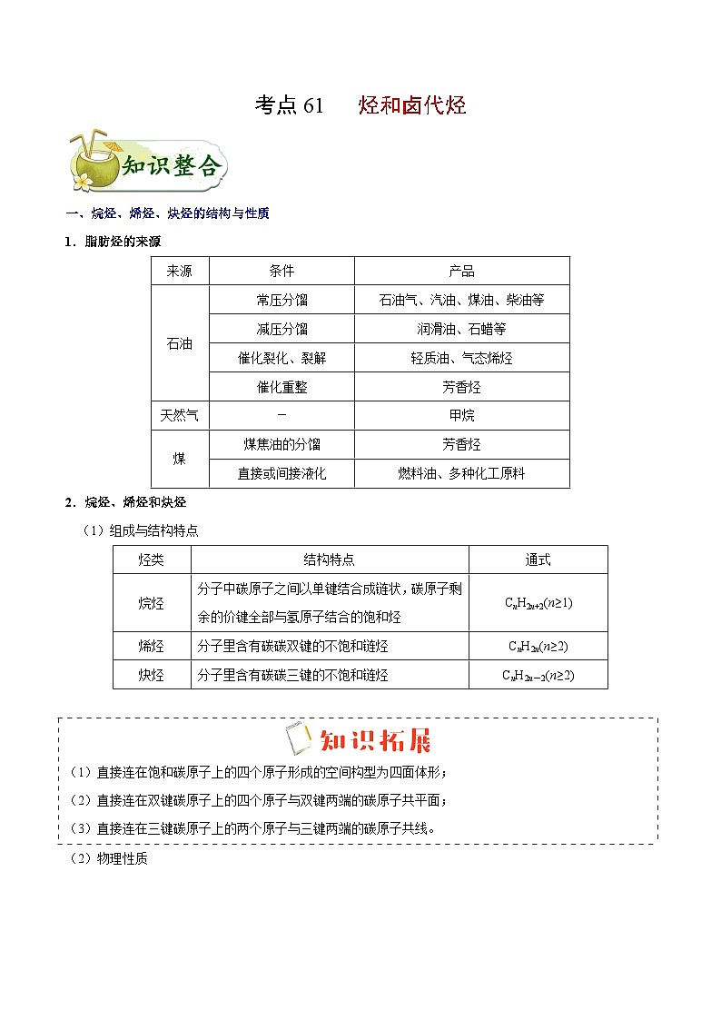 备战2025年高考化学考点一遍过考点61烃和卤代烃教案（Word版附解析）第1页