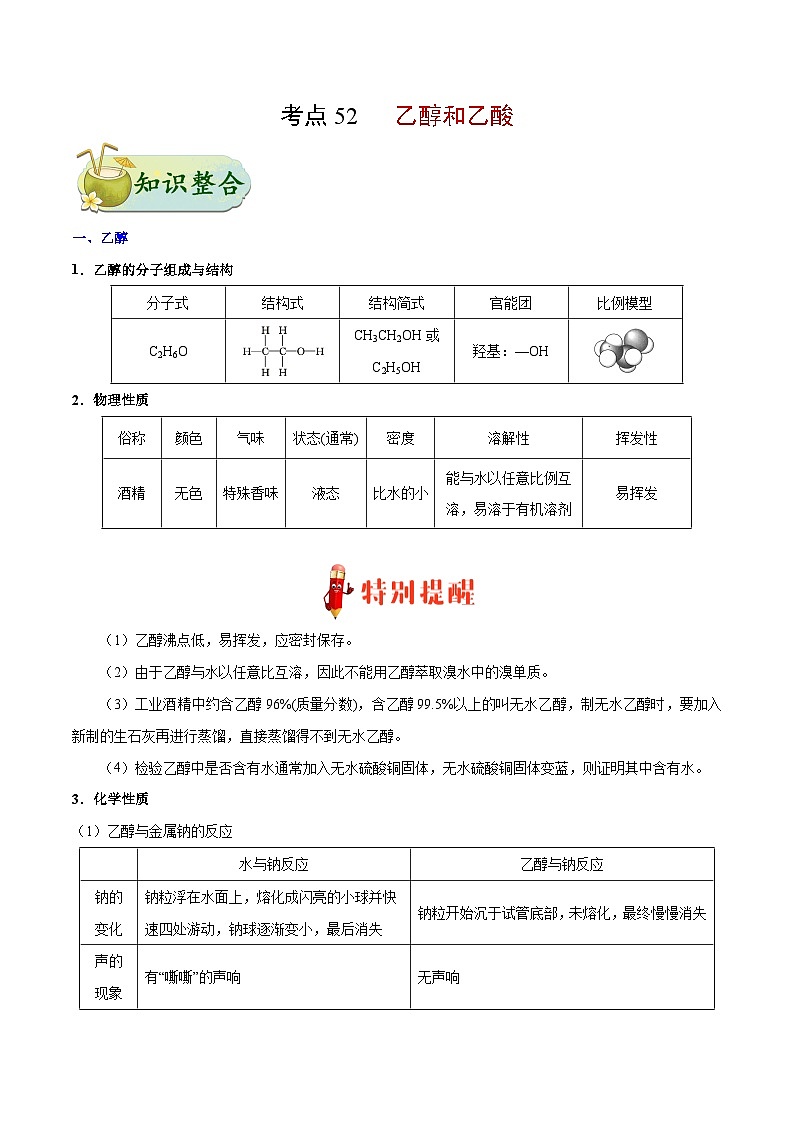 备战2025年高考化学考点一遍过考点52乙醇和乙酸教案（Word版附解析）第1页