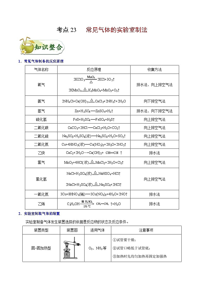 备战2025年高考化学考点一遍过考点23常见气体的实验室制法教案（Word版附解析）第1页