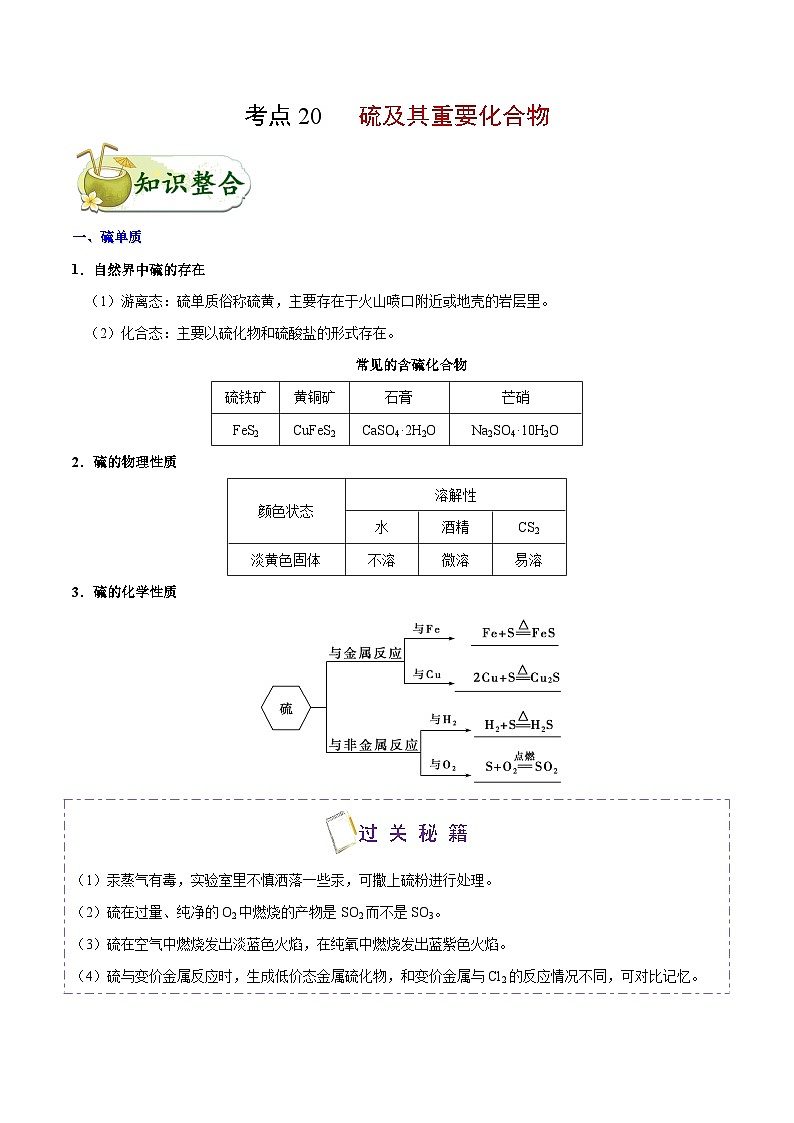 备战2025年高考化学考点一遍过考点20硫及其重要化合物教案（Word版附解析）第1页