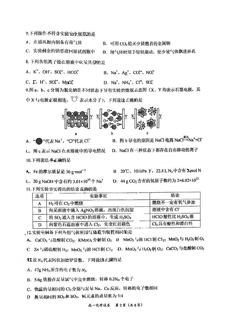 2023-2024学年第一学期期中高一化学试卷第2页